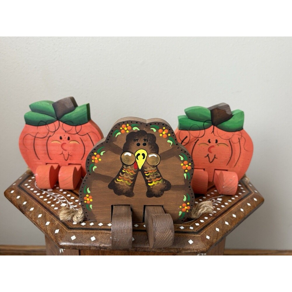 Vintage Wooden Shelf Sitters Pumpkin Turkey With Dangling Legs - Set Of 3 Fall
